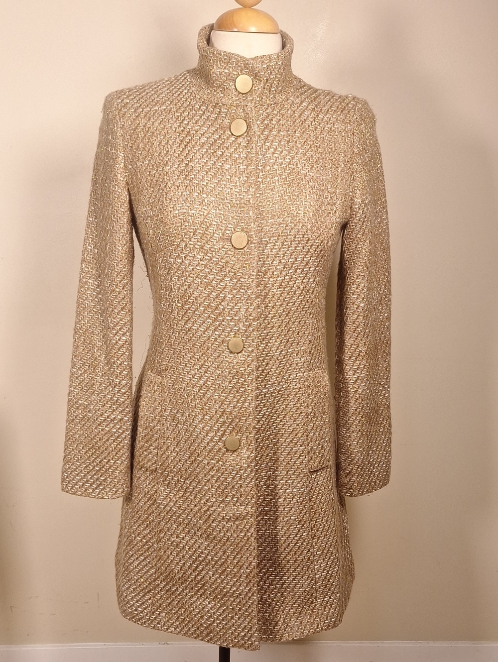 Banana Republic Gold Metalic   Flecked Tweed Y2K Button Front Wool Blend Coat